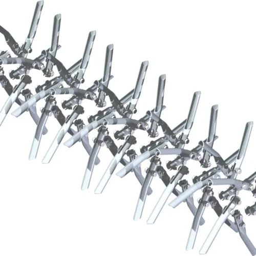 Metal open spoon tines arranged in a row, designed for Ventrac EB480 aerator attachment