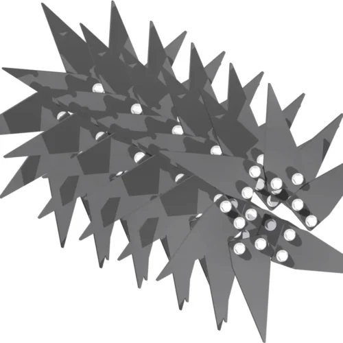 Close-up of sharp, metallic slitter/slicer tines arranged in a staggered pattern for aeration use