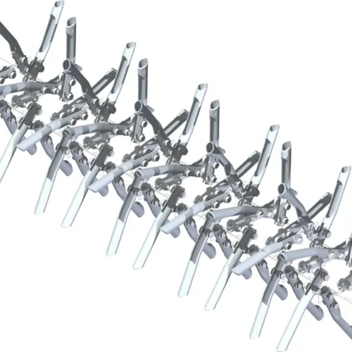 A row of metal core tines designed for the Ventrac EB480 aerator, showcasing their structure and functionality