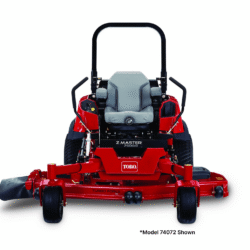 Red Toro zero turn mower viewed from the front, showcasing the seat and commercial cutting deck