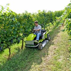 Green ride-on mower navigating through vineyard rows, showcasing its compact design and powerful performance