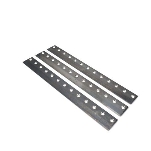 Three metal bedknives with holes for mounting, designed for precision cutting in mowing equipment