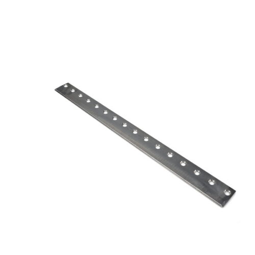 Silver low cut bedknife with 16 holes for mounting, designed for precision cutting in Toro commercial mowers.