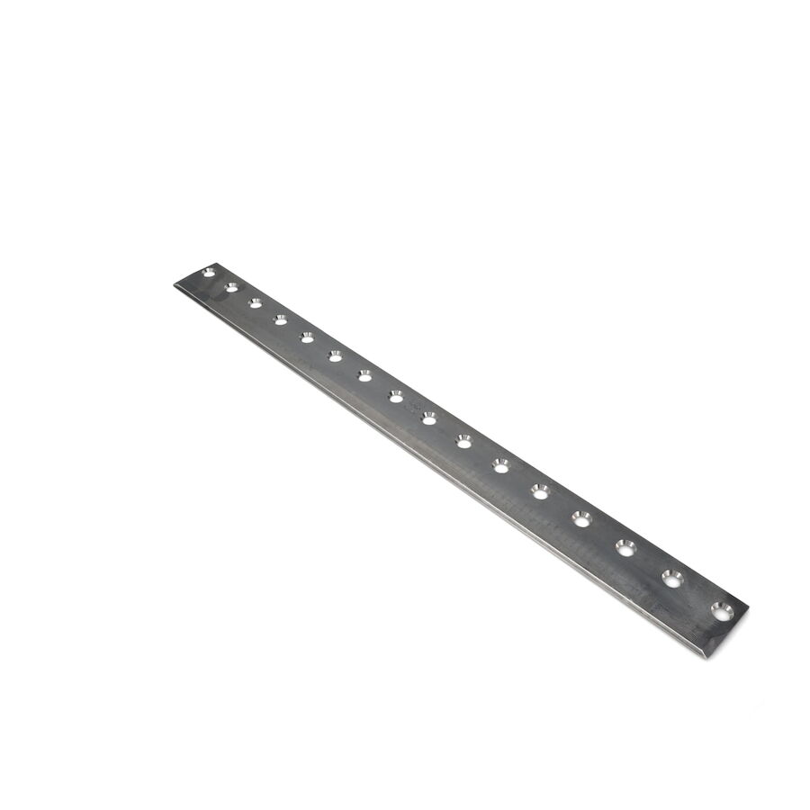 93-9015 Silver low cut bedknife with 16 holes for mounting, designed for precision cutting in Toro commercial mowers.