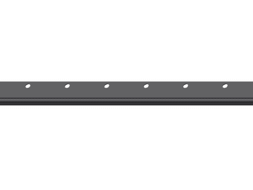 Close-up view of a 22.19-inch low cut bedknife with eight mounting holes, featuring a sleek black finish for commercial mo…