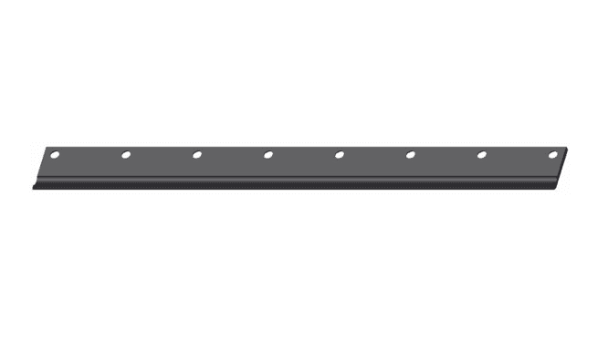93-9774 Close-up view of a 22.19-inch low cut bedknife with eight mounting holes, featuring a sleek black finish for commercial mo…