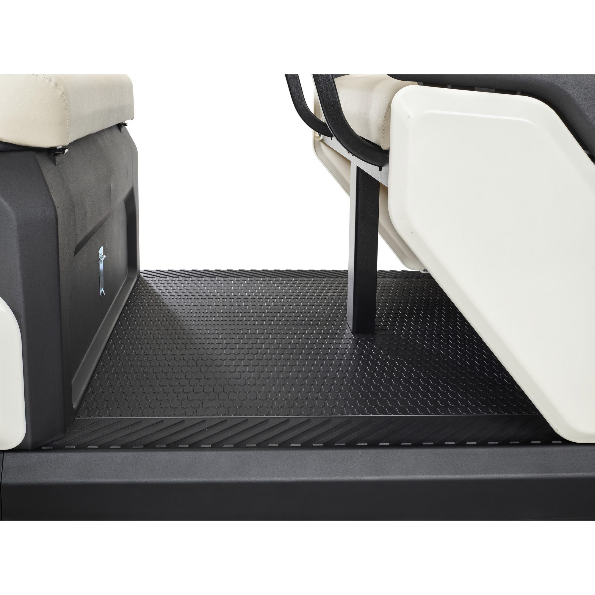 Toro Vista PTV textured flooring and beige seats close-up studio Toro Vista PTV passenger area featuring a close-up of the non-slip textured floor and beige seats, designed for comfort and safety