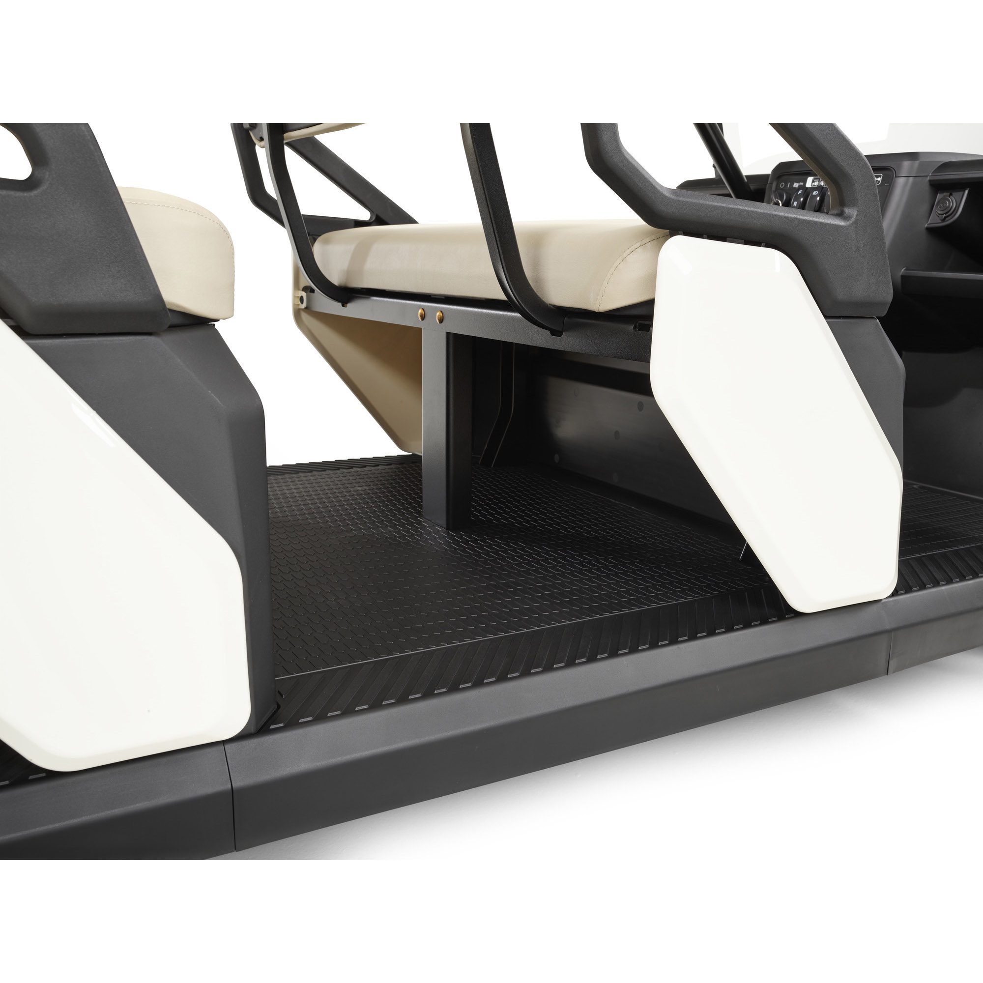 Toro Vista PTV seating and floor close-up textured safety Close-up of the seating and spacious legroom in the Toro Vista PTV, featuring a textured floor for passenger safety and comfort