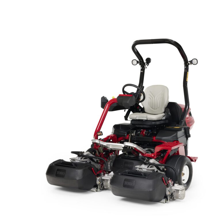 Red and black ride-on greens mower with dual cutting decks and ergonomic seat, designed for efficient turf care