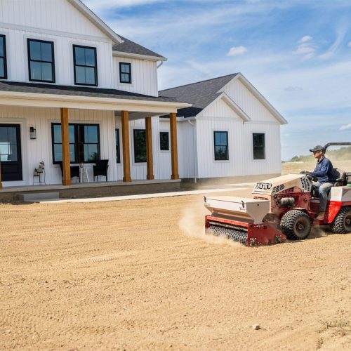 A tractor with a seeder attachment plants grass seed on bare soil near a modern house