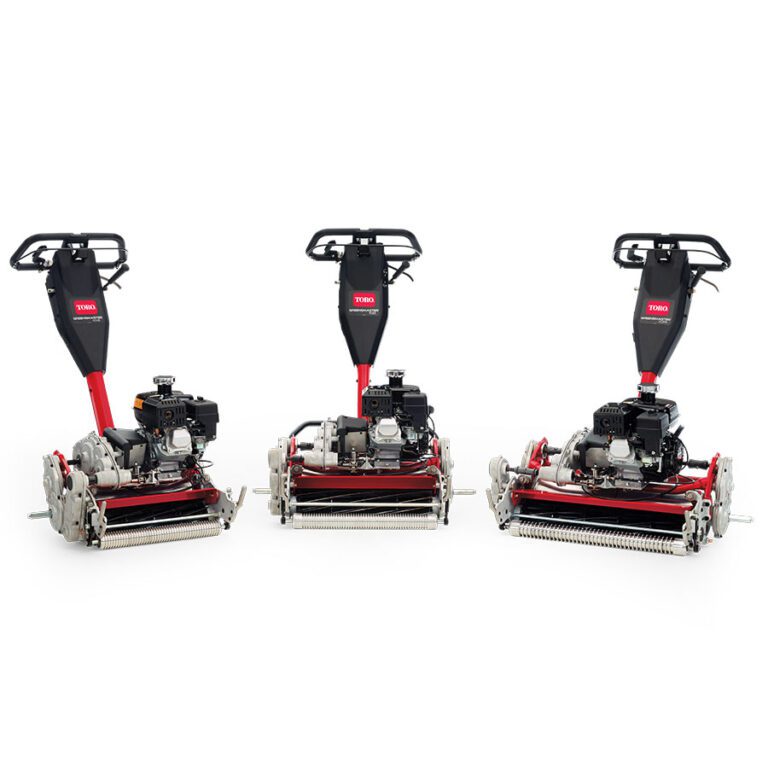 Three Toro walk-behind greens mowers with red and black design, showcasing telescoping handles and cutting reels