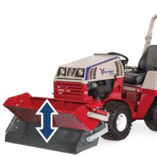 Ventrac Power Bucket 48" Tractor Attachment - studio side view with arrows pointing the directions in which bucket moves