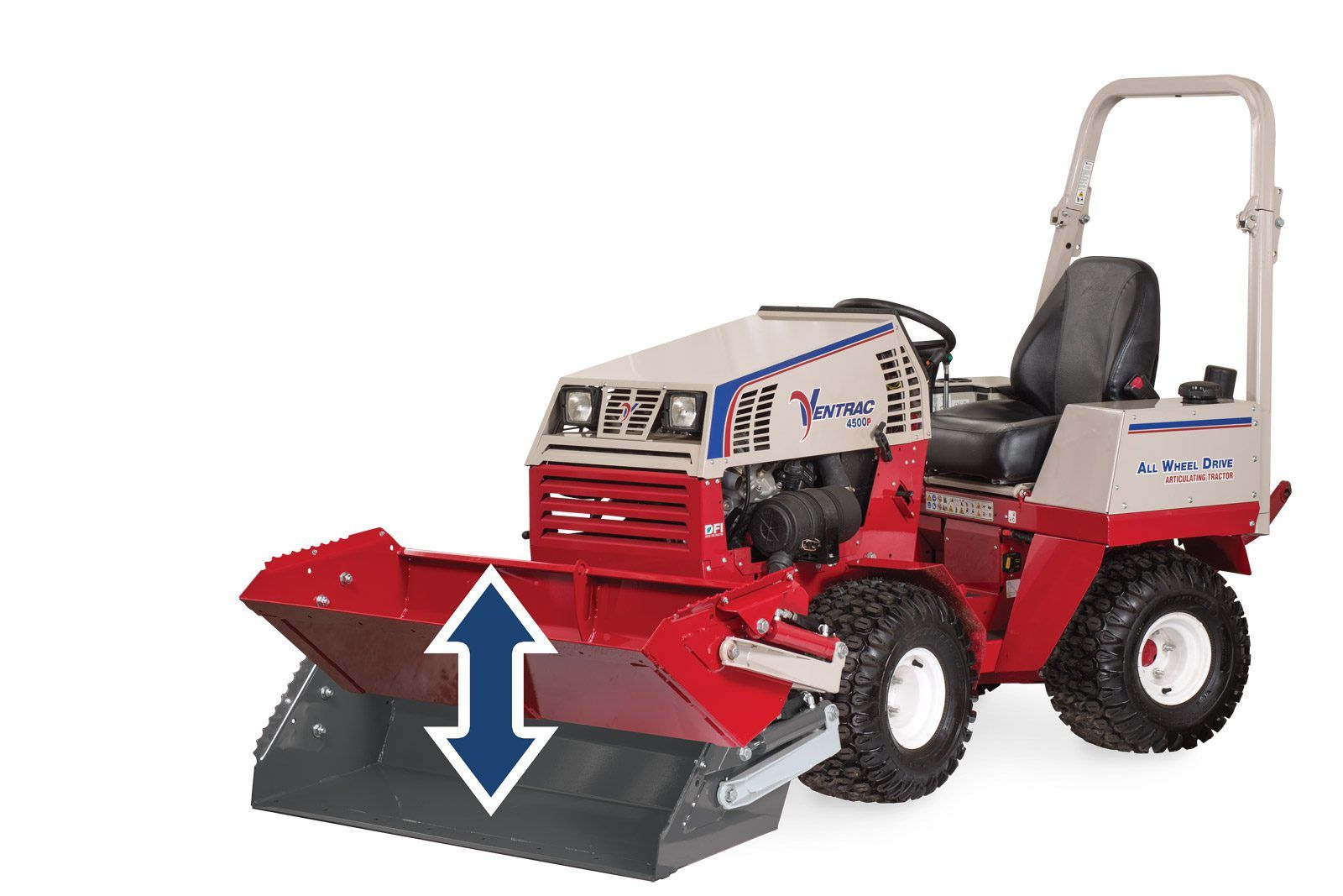 HE482 Ventrac Power Bucket 48" Tractor Attachment Ventrac Power Bucket 48" Tractor Attachment - studio side view with arrows pointing the directions in which bucket moves