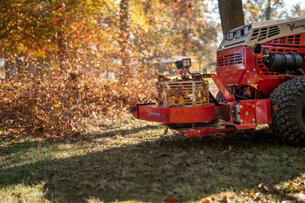 Ventrac Leaf Blower Tractor Attachment - close up of leaves blowing