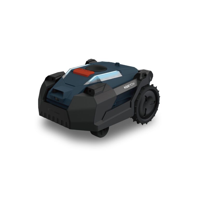 Compact autonomous mower with rugged design, featuring wheels and a sleek blue-black body for efficient mowing