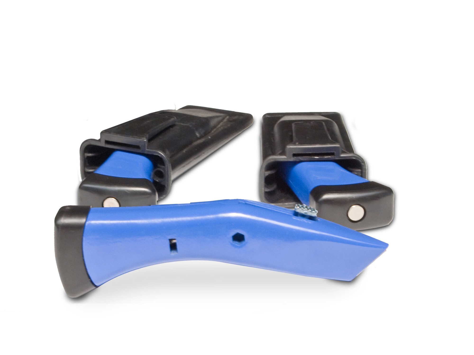 Blue safety cutter with holder for precise artificial turf maintenance and installation