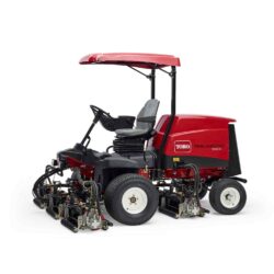 Red and black ride-on mower with cutting units, featuring a comfortable seat and protective canopy