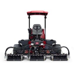 Red ride-on mower with dual cutting units and ergonomic seat, showcasing rear view and robust design
