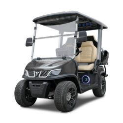 A sleek mineral white golf cart with beige seats, featuring a protective windshield and sporty wheels