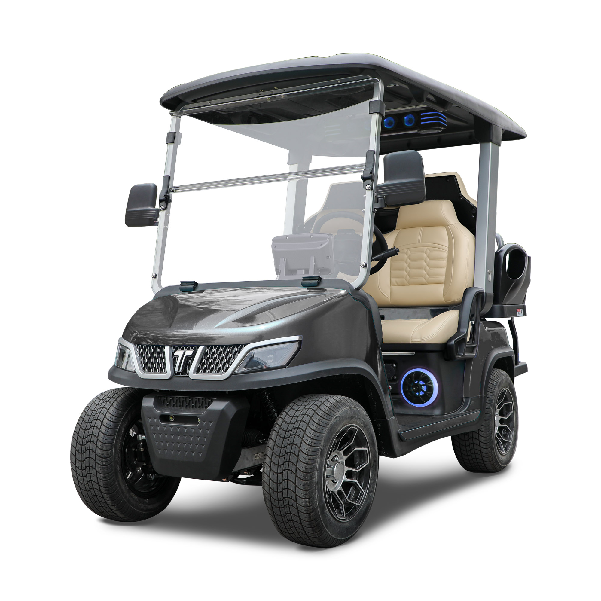 ROAD-BLK-BG_2000px A sleek mineral white golf cart with beige seats, featuring a protective windshield and sporty wheels