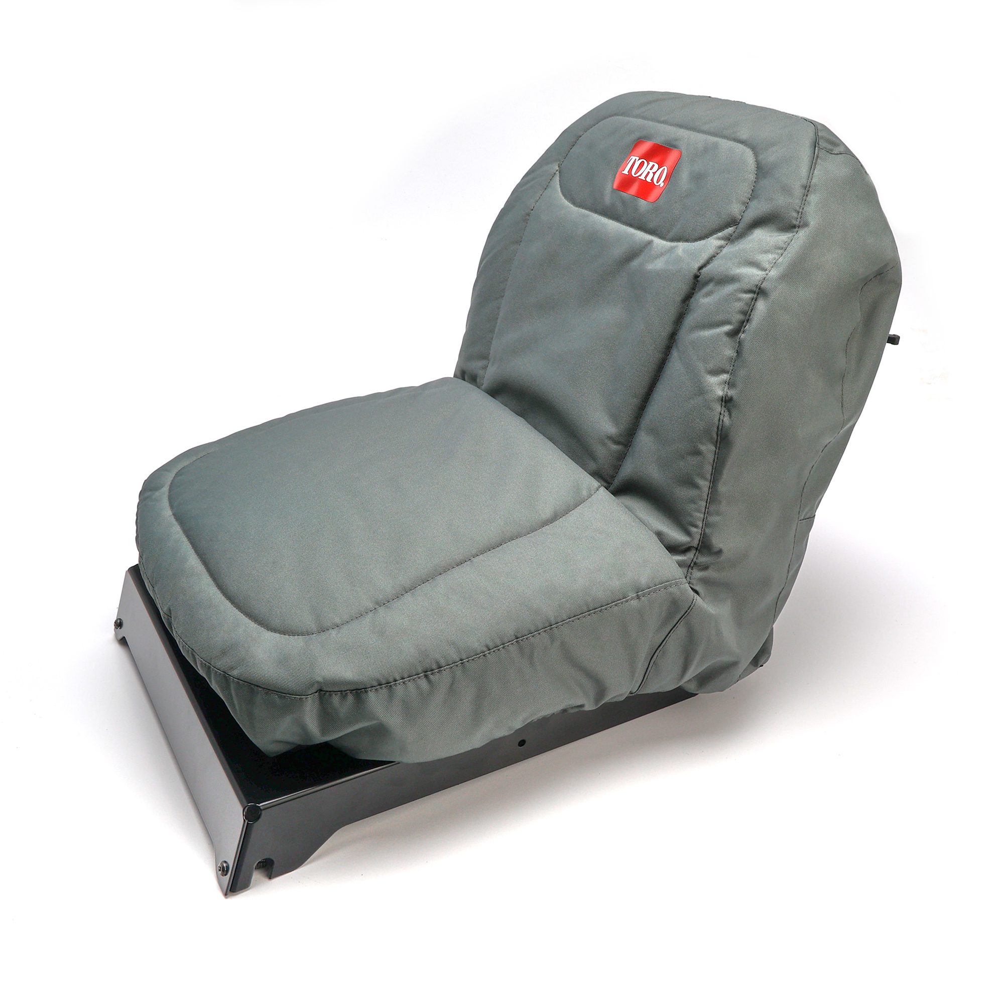 Seat Cover for No Arm Rest Models (Part # 117-0096) 2 Gray cushioned seat cover designed for Toro TimeCutter 18 in. seats, featuring a back pocket and elastic cord for easy ins…