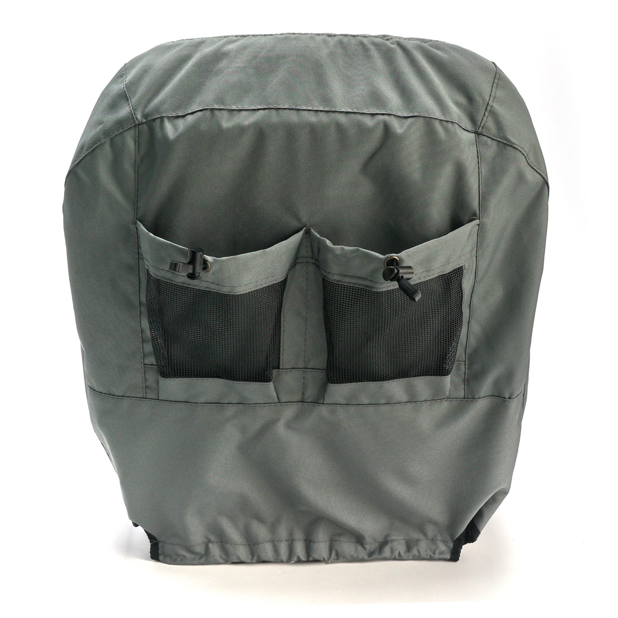 Seat Cover for No Arm Rest Models (Part # 117-0096) 3 Back view of a gray Toro seat cover featuring two mesh pockets, designed for 18-inch TimeCutter mower seats.