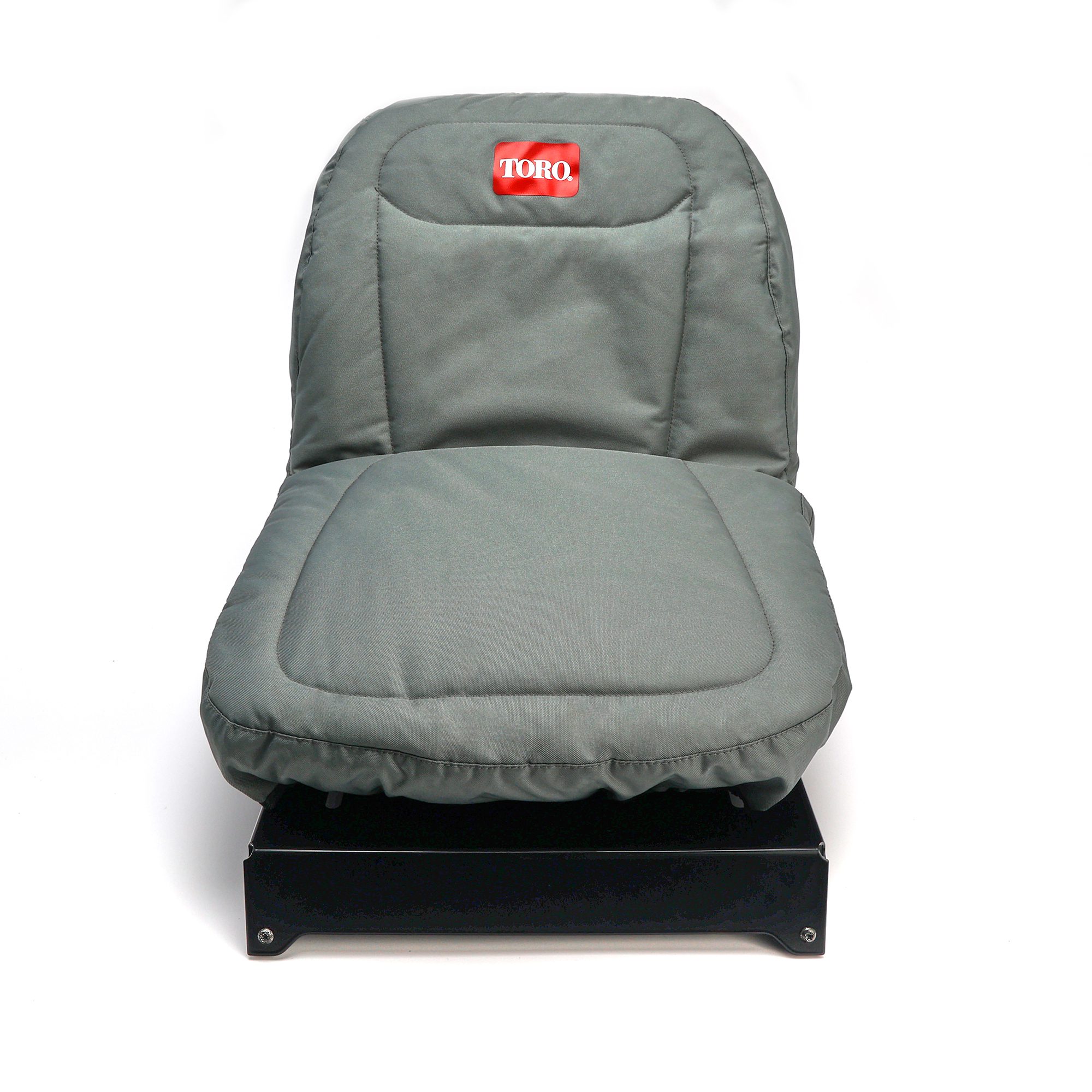 Seat Cover for No Arm Rest Models (Part # 117-0096) Gray cushioned seat cover designed for Toro TimeCutter 18 in. seats, featuring a red Toro logo and a sleek, water-resistan…