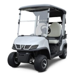 A sleek silver golf cart with a protective windshield and comfortable seating, ideal for golf courses