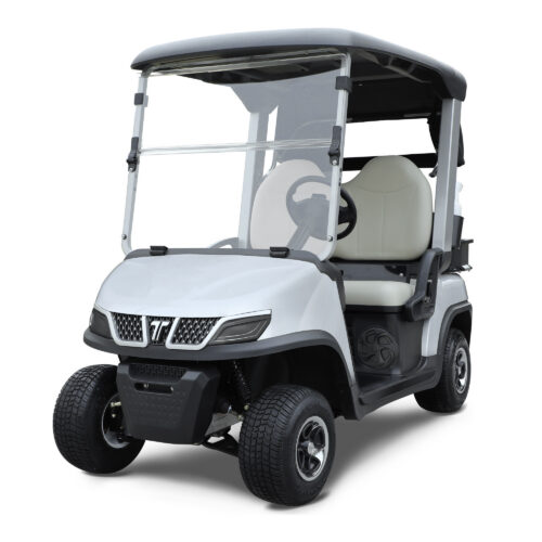 A sleek silver golf cart with a protective windshield and comfortable seating, ideal for golf courses