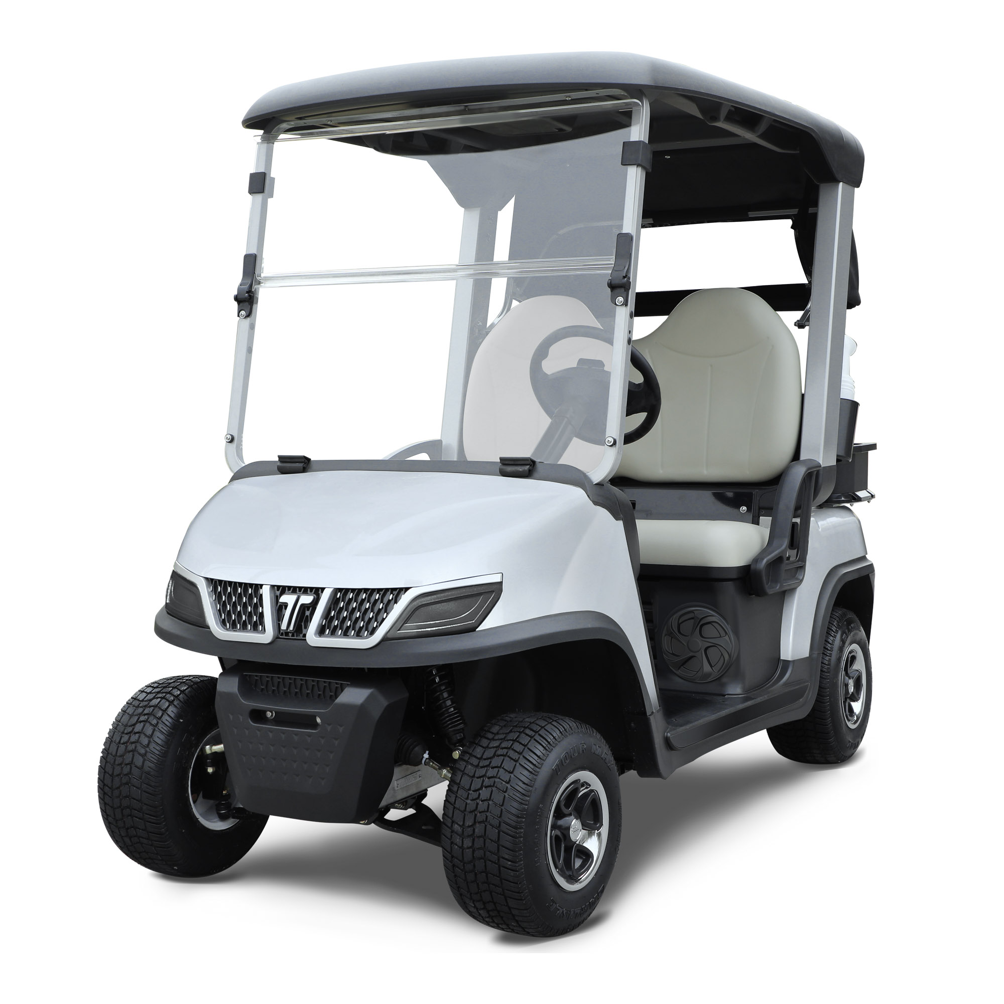 Spirit-Pro_SPRO-WH-BG_2000px A sleek silver golf cart with a protective windshield and comfortable seating, ideal for golf courses