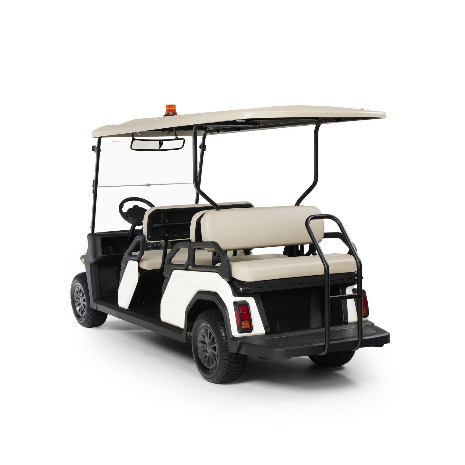 Toro Vista PTV EFI 6-seater gas golf cart rear angle studio Toro Vista PTV EFI 6-seater gas golf cart with a beige roof and seats, black rails, and an extended rear platform for cargo or additional seating, photographed in a rear view