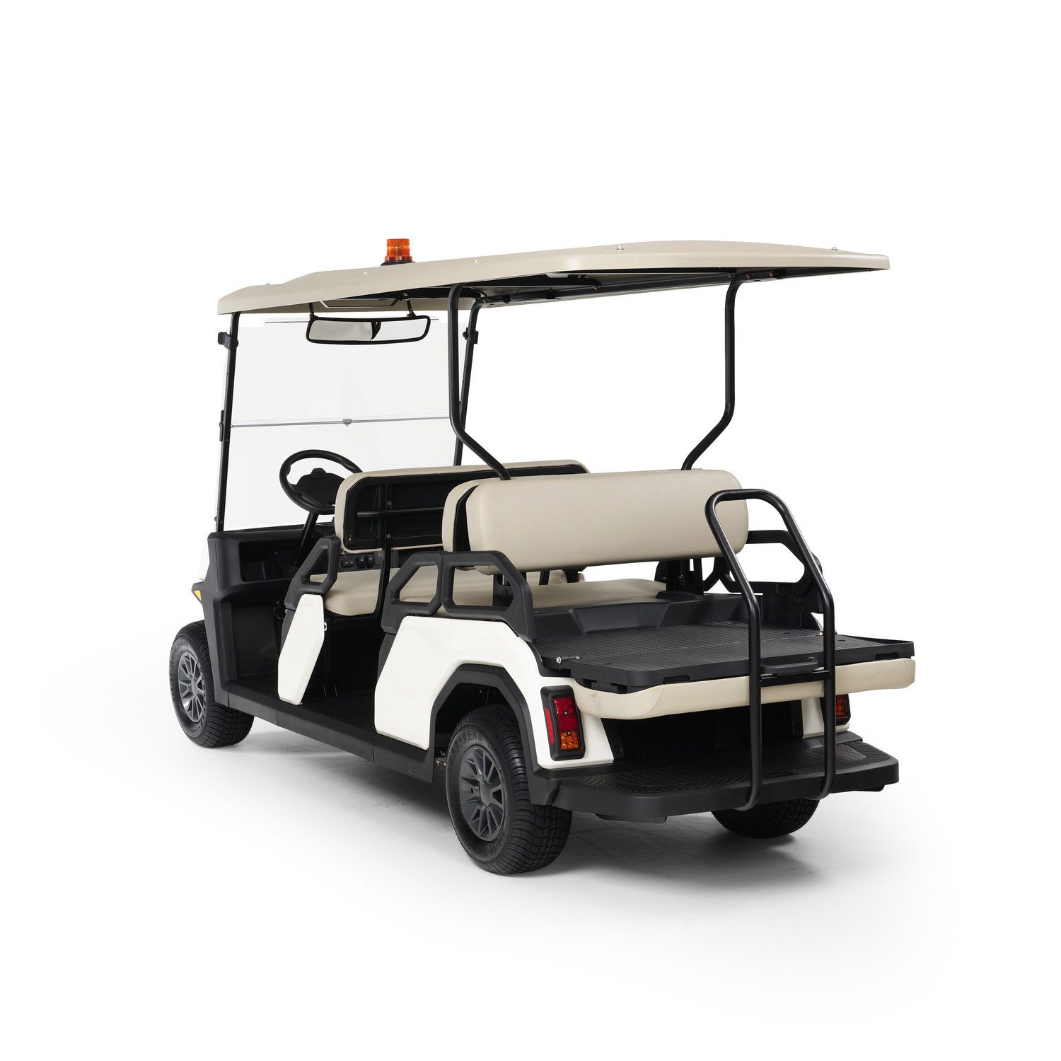 Toro Vista PTV EFI 6-seater gas golf cart rear view cargo platform Toro Vista PTV EFI gas-powered 6-seater golf cart from a rear angle, featuring spacious seating and a flat cargo platform, shown in a plain studio shot