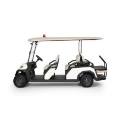 Toro Vista PTV EFI 6-seater gas-powered passenger vehicle with two rows of seating and an extended rear platform, showcased in a clean studio setting