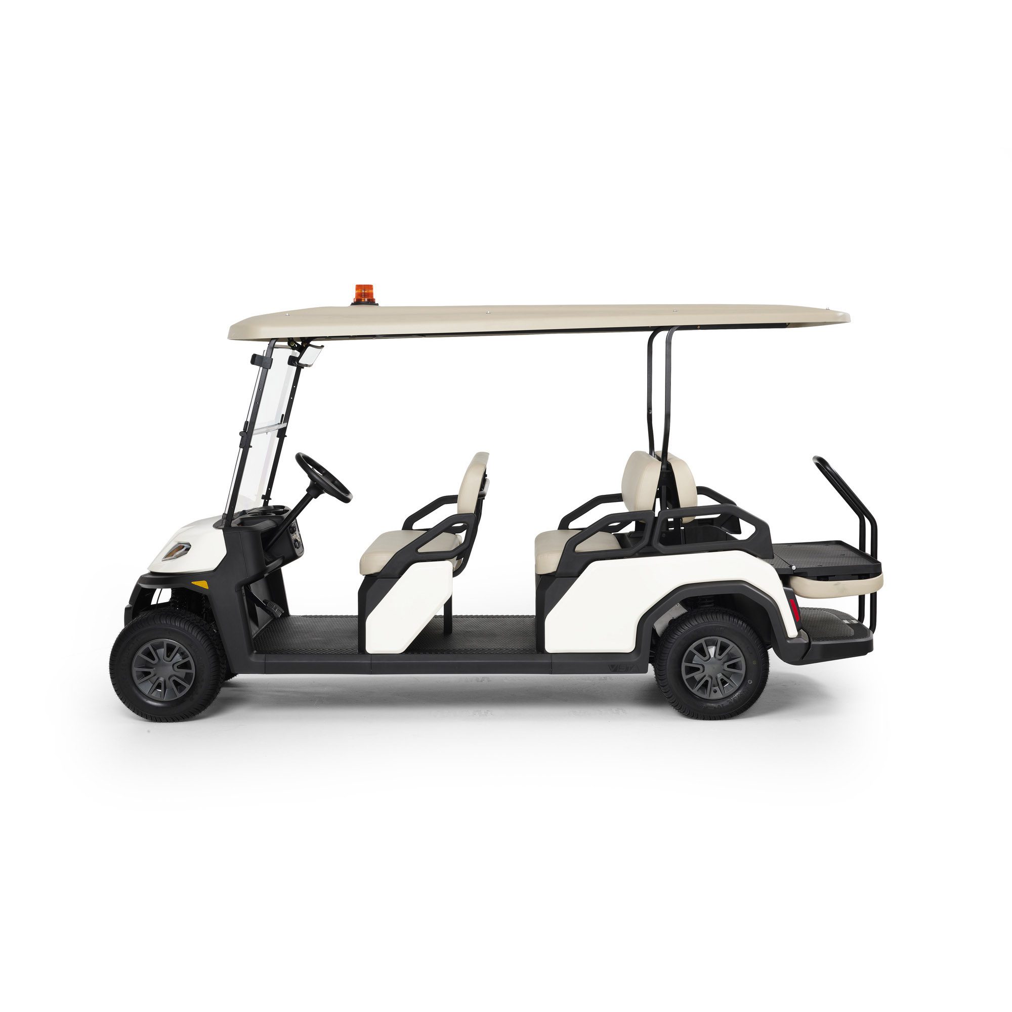 Toro Vista PTV EFI 6-seater gas golf cart side view rear platform Toro Vista PTV EFI 6-seater gas-powered passenger vehicle with two rows of seating and an extended rear platform, showcased in a clean studio setting