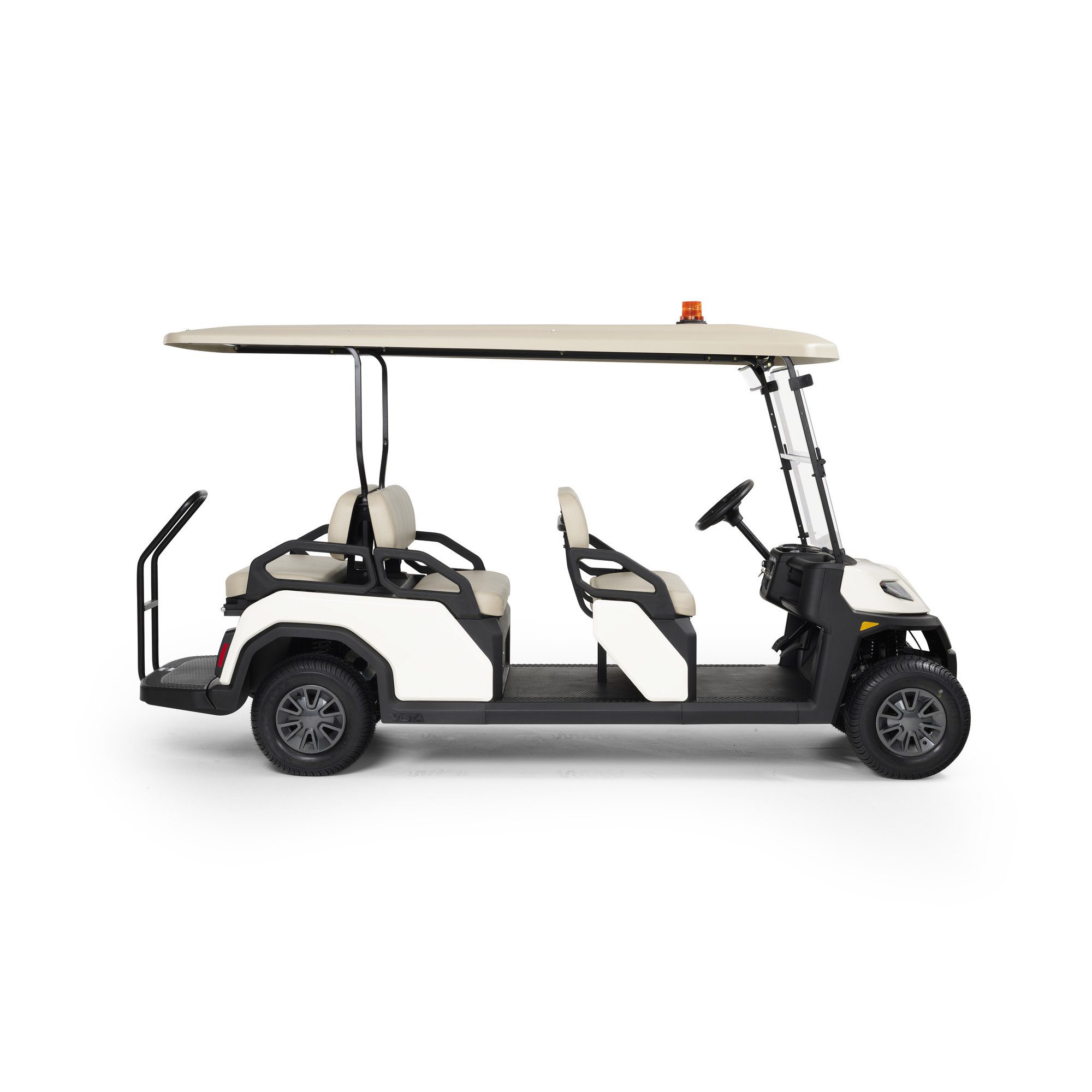 Toro Vista PTV EFI 6-seater gas golf cart side view studio Toro Vista PTV EFI 6-seater gas-powered utility golf cart with spacious seating, a beige roof, and visible safety features, displayed in a plain studio environment