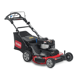 A red and black gas lawn mower with a wide cutting deck and adjustable handle, designed for efficient mowing