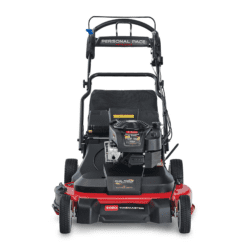Rear view of a Toro gas self-propelled lawn mower showcasing its engine and controls in red and black