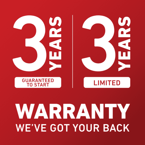 Red warranty graphic featuring "3 Years Guaranteed to Start" and "3 Years Limited Warranty" text