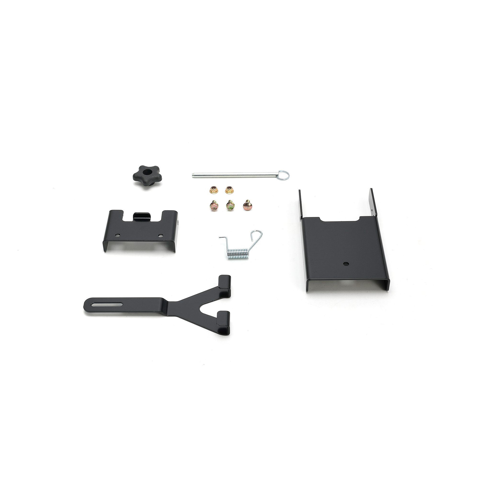 Titan HD Series Bucket Mount Kit Black metal bucket mount kit components including brackets, screws, and a spring clip for Toro ride-on mowers.