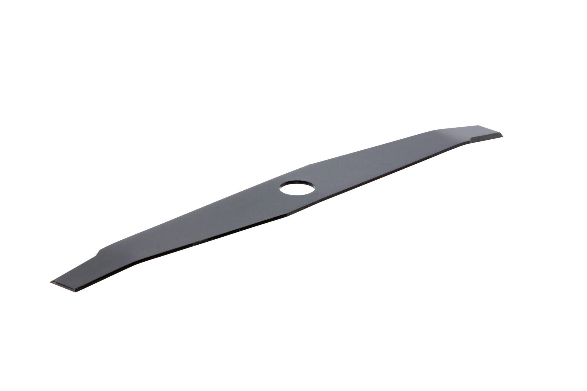 Black rotary blade with a central hole, designed for efficient cutting, showcasing a sleek, elongated shape for lawn mowers.