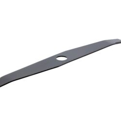 Black rotary blade with a central hole, designed for efficient cutting, showcasing a sleek, elongated shape for lawn mowers.