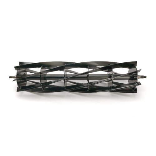 Black 7-blade reel with a central shaft, designed for precise lawn cutting and replacement - front view