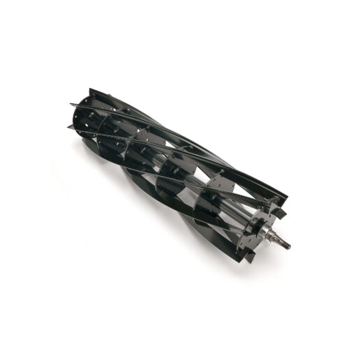 Black 7-blade reel with a central shaft, designed for precise lawn cutting and replacement - isometric view