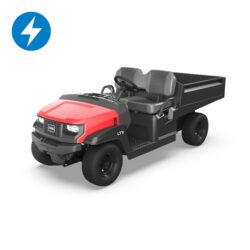 Red and black utility vehicle with two seats and a flatbed, showcasing modern design and functionality