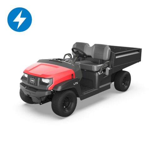 Red and black utility vehicle with two seats and a flatbed, showcasing modern design and functionality