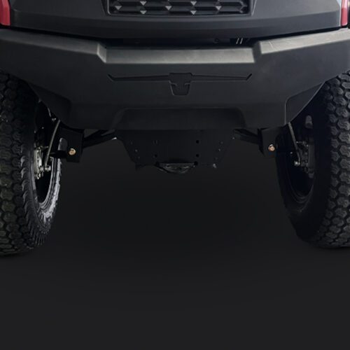 Rear view of a black utility vehicle showcasing robust tires and undercarriage design