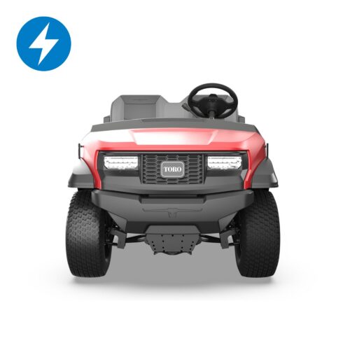 Front view of a red and gray Toro utility vehicle showcasing its modern design and powerful features