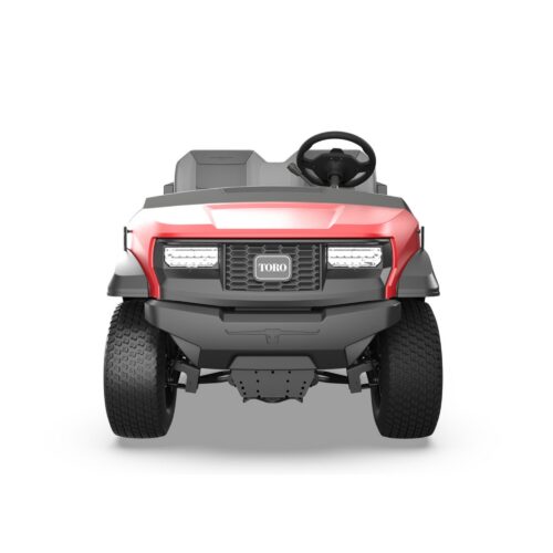 Front view of a red and gray Toro utility vehicle showcasing its design and features