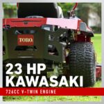 Rear view of a Toro mower showcasing the 23 HP Kawasaki engine and robust tires on grass