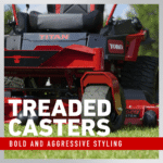 Close-up of the Toro Titan mower's treaded casters showcasing bold design and aggressive styling